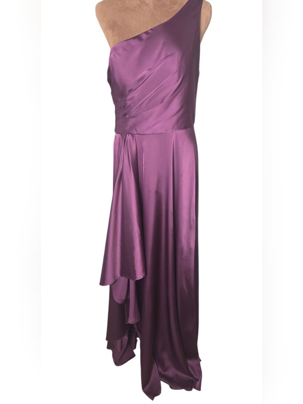 Women's Formal Plum Purple Satin Wrap Dress, Size 12, Ruching, Bridesmaid Prom